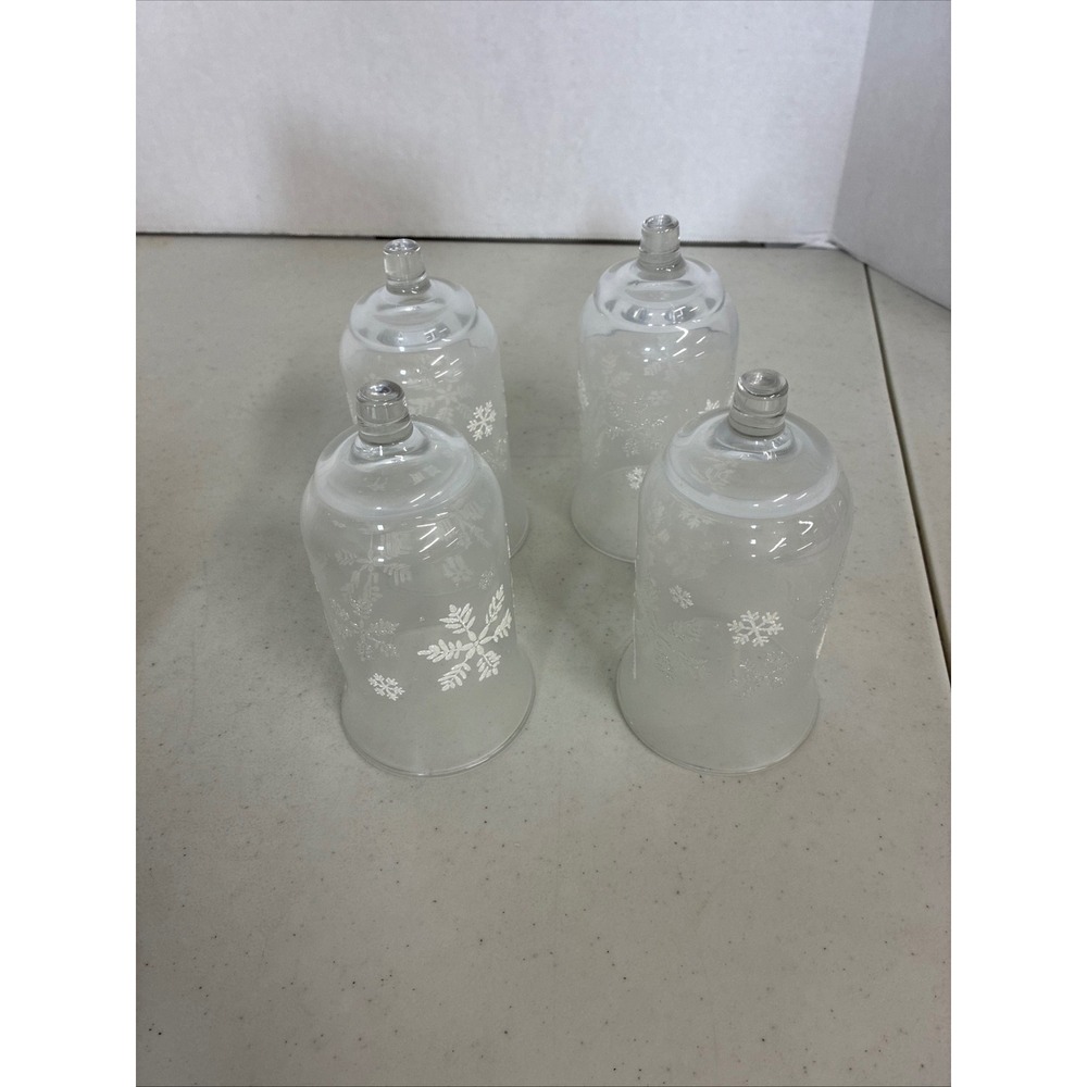 Set of 4 Snowflake Glass Hurricane Candle Shades Frosted Glitter Peg Base 5.5in